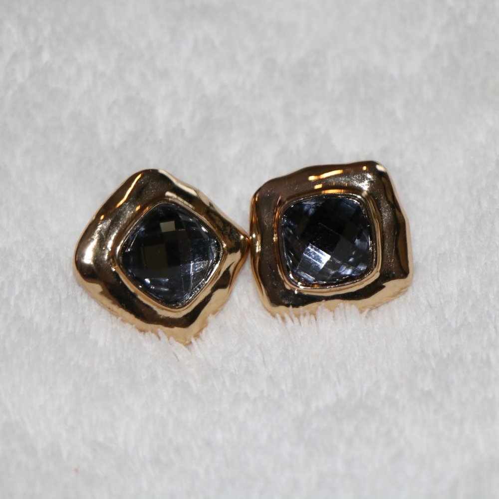 Grey/Blue Gem Stud Earrings, Gold, Vintage